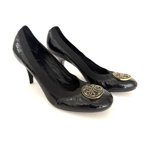 Tory Burch Caroline Pumps 10M Black Patent Leather Classic Round-Toe Slim Heels
